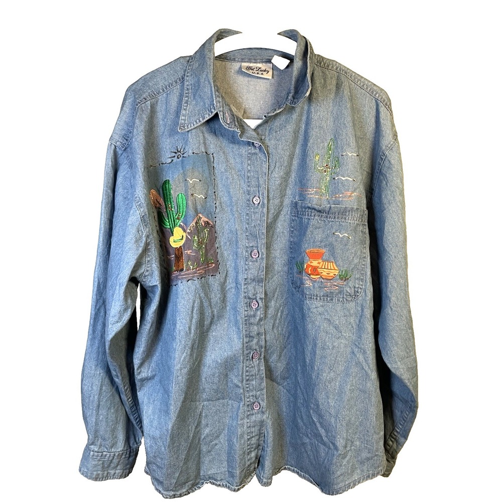 Vintage Get Lucky USA 1x Button Down Shirt Southwestern Painted Embroidered 90's